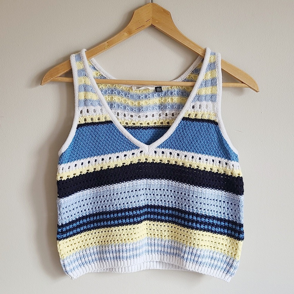Retro Blue‎ Yellow Striped Knit Sweater Vest Sleeveless V-Neck Top Medium
